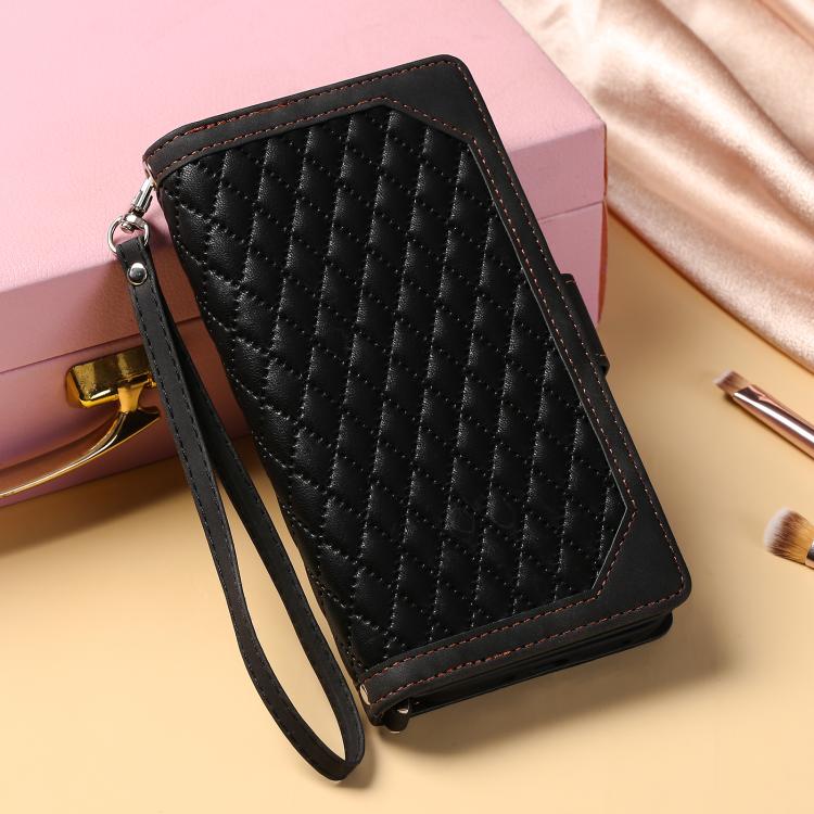For Redmi Note 14 4G EU 164.84mm Grid Texture Zipper Leather Phone Case with Lanyard