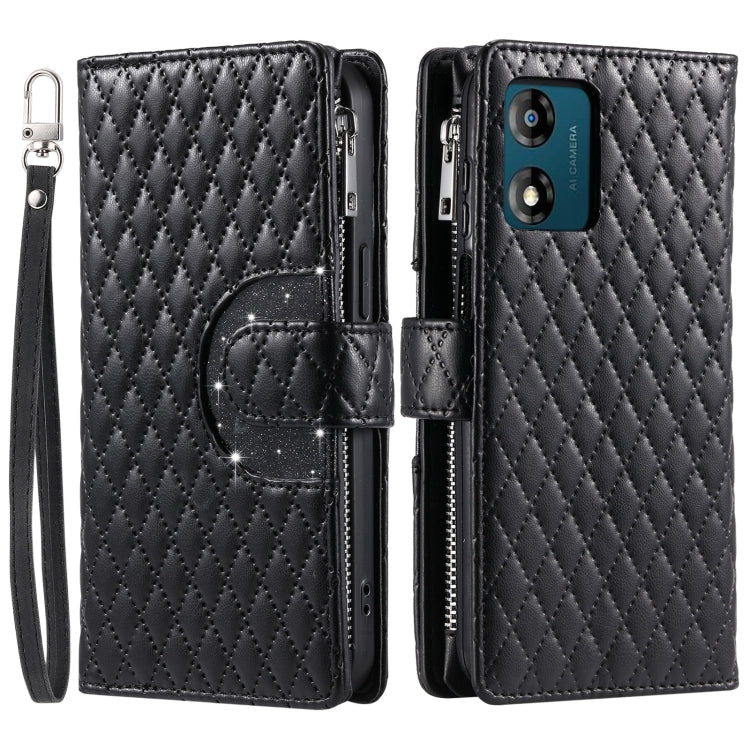 For Motorola Moto E14 Glitter Lattice Zipper Wallet Leather Phone Case