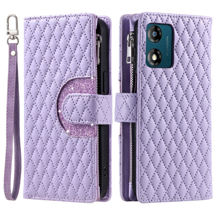 For Motorola Moto E14 Glitter Lattice Zipper Wallet Leather Phone Case