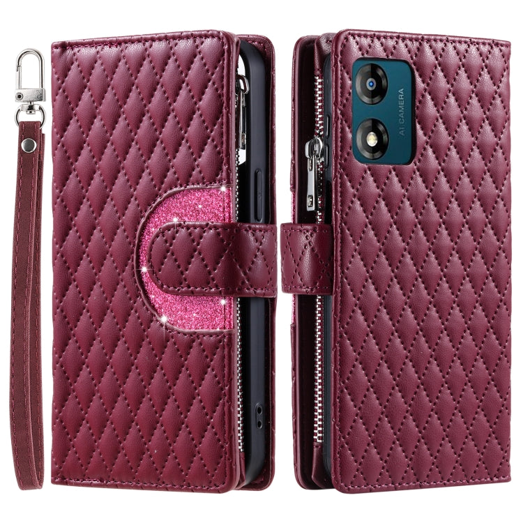 For Motorola Moto E14 Glitter Lattice Zipper Wallet Leather Phone Case