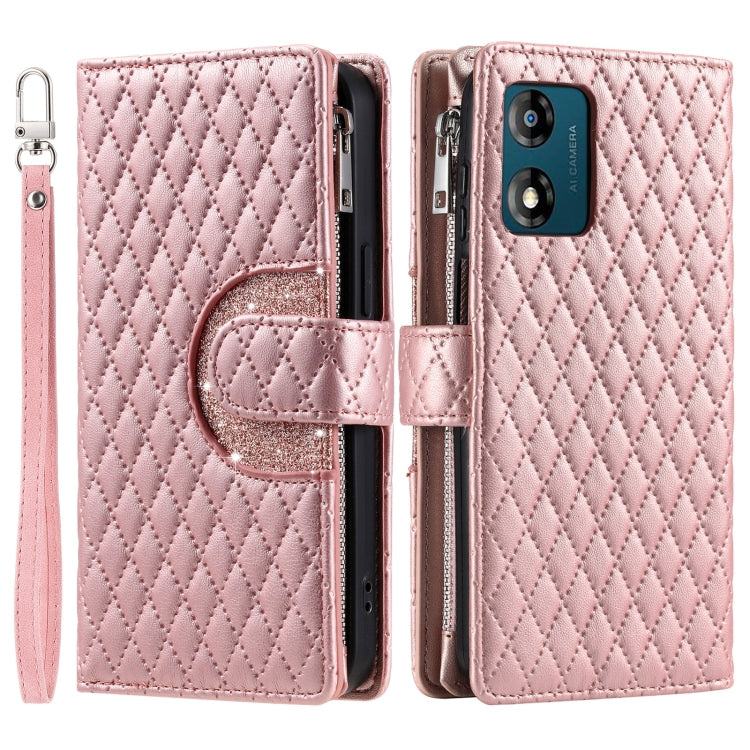 For Motorola Moto E14 Glitter Lattice Zipper Wallet Leather Phone Case