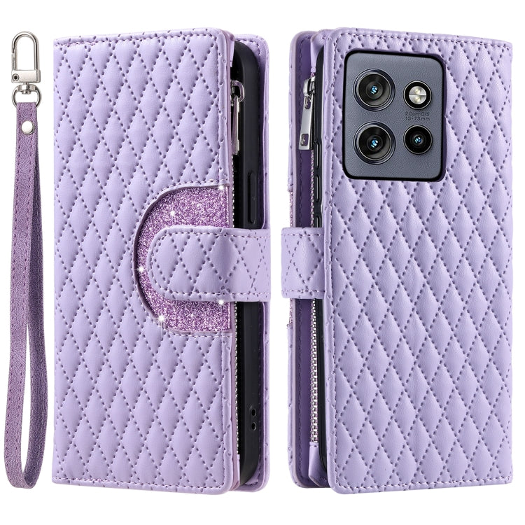For Motorola Edge 50 Neo Glitter Lattice Zipper Wallet Leather Phone Case