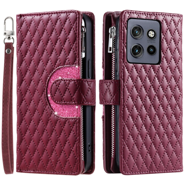 For Motorola Edge 50 Neo Glitter Lattice Zipper Wallet Leather Phone Case