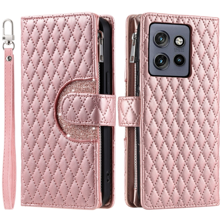 For Motorola Edge 50 Neo Glitter Lattice Zipper Wallet Leather Phone Case