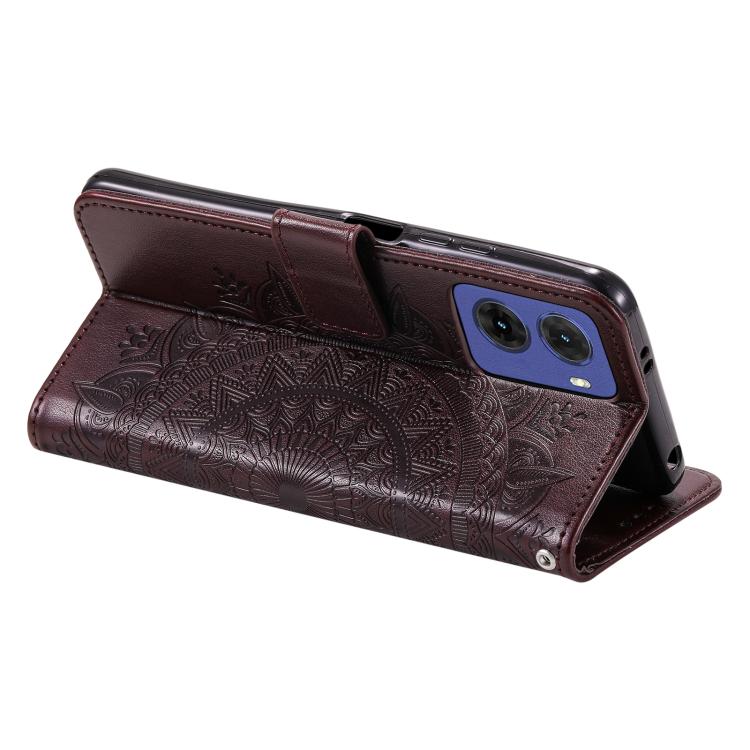 For Motorola Moto G15 Totem Flower Embossed Leather Phone Case with Lanyard