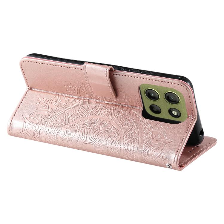 For Motorola Moto G15 Totem Flower Embossed Leather Phone Case with Lanyard