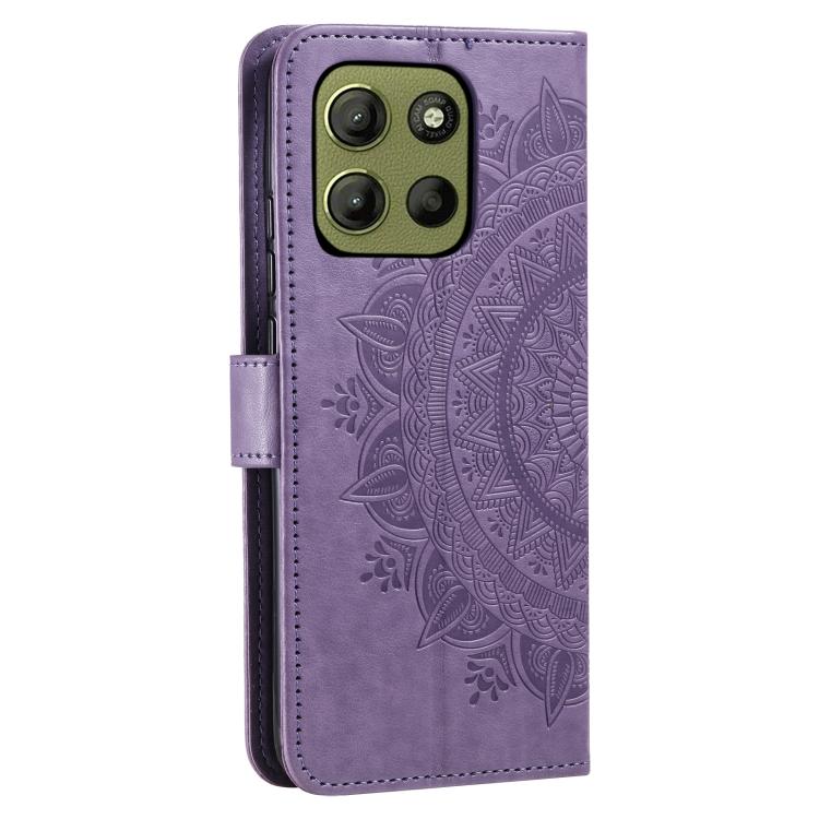 For Motorola Moto G15 Totem Flower Embossed Leather Phone Case with Lanyard