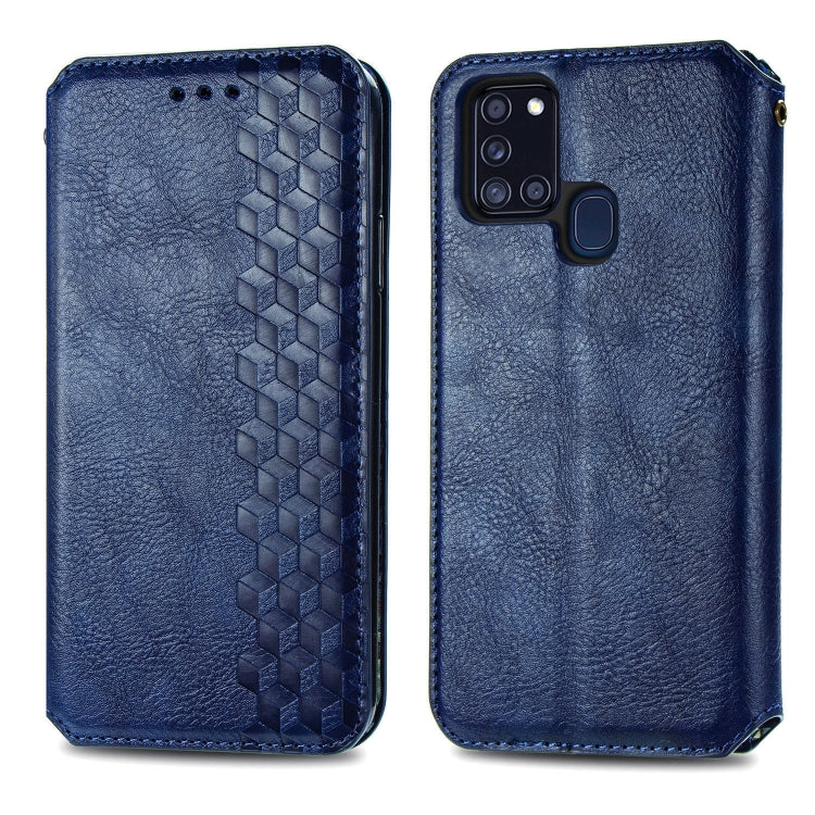 For Samsung Galaxy A21s Cubic Grid Pressed Horizontal Flip Magnetic PU Leather Case with Holder & Card Slots & Wallet