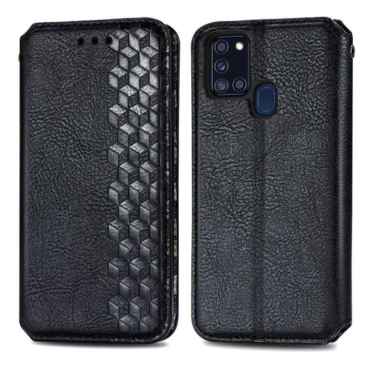 For Samsung Galaxy A21s Cubic Grid Pressed Horizontal Flip Magnetic PU Leather Case with Holder & Card Slots & Wallet
