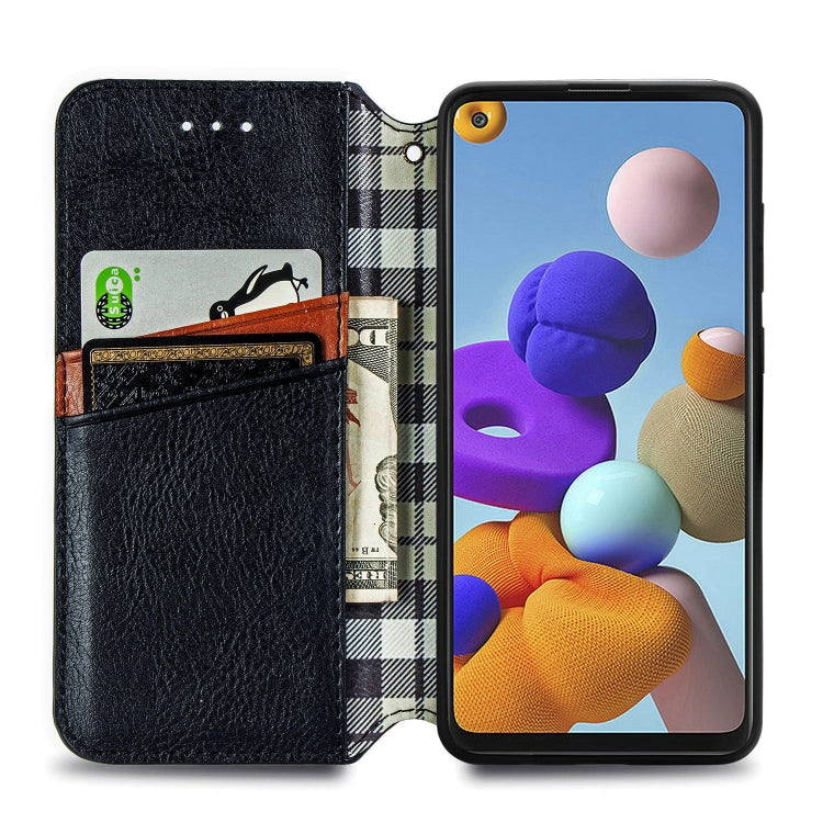 For Samsung Galaxy A21s Cubic Grid Pressed Horizontal Flip Magnetic PU Leather Case with Holder & Card Slots & Wallet