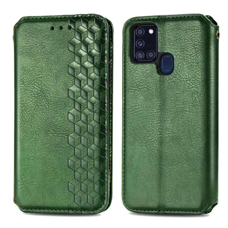 For Samsung Galaxy A21s Cubic Grid Pressed Horizontal Flip Magnetic PU Leather Case with Holder & Card Slots & Wallet