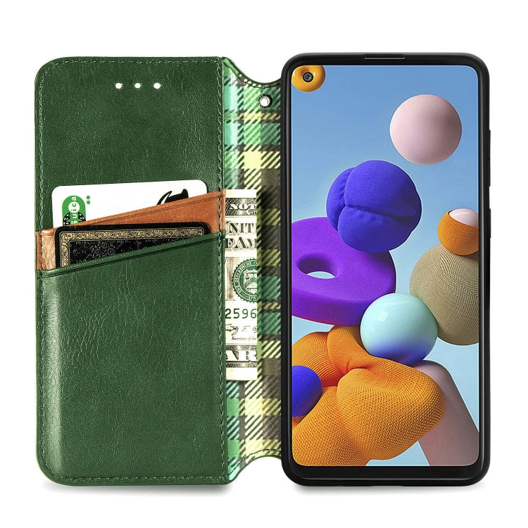For Samsung Galaxy A21s Cubic Grid Pressed Horizontal Flip Magnetic PU Leather Case with Holder & Card Slots & Wallet