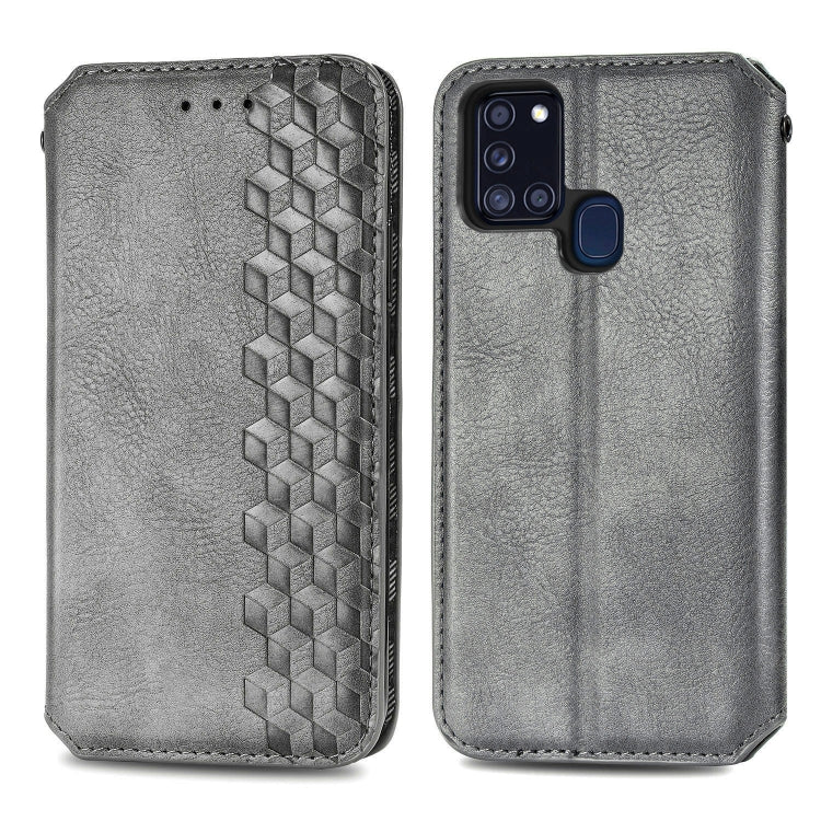 For Samsung Galaxy A21s Cubic Grid Pressed Horizontal Flip Magnetic PU Leather Case with Holder & Card Slots & Wallet