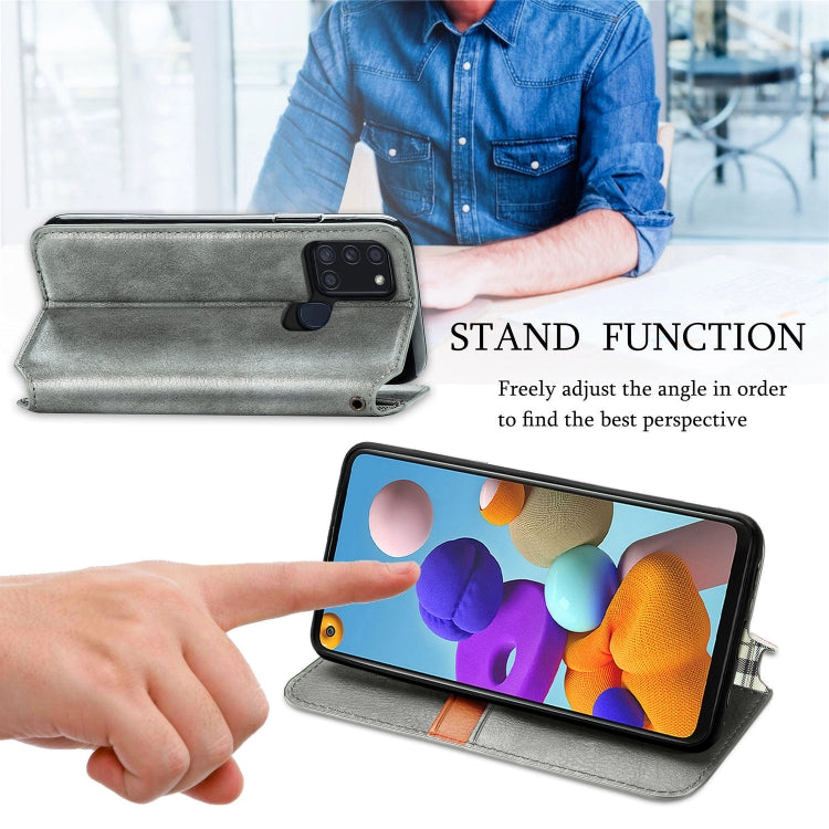 For Samsung Galaxy A21s Cubic Grid Pressed Horizontal Flip Magnetic PU Leather Case with Holder & Card Slots & Wallet