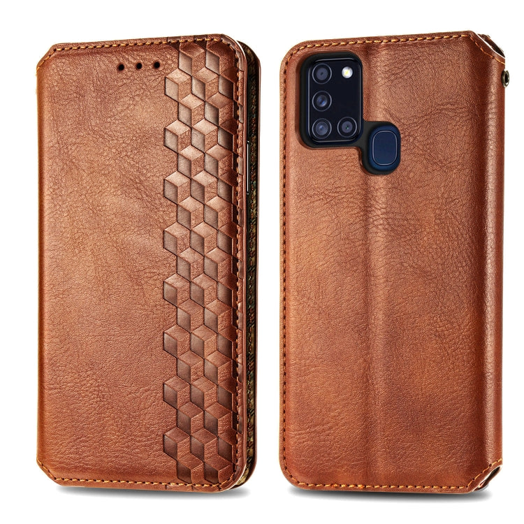 For Samsung Galaxy A21s Cubic Grid Pressed Horizontal Flip Magnetic PU Leather Case with Holder & Card Slots & Wallet