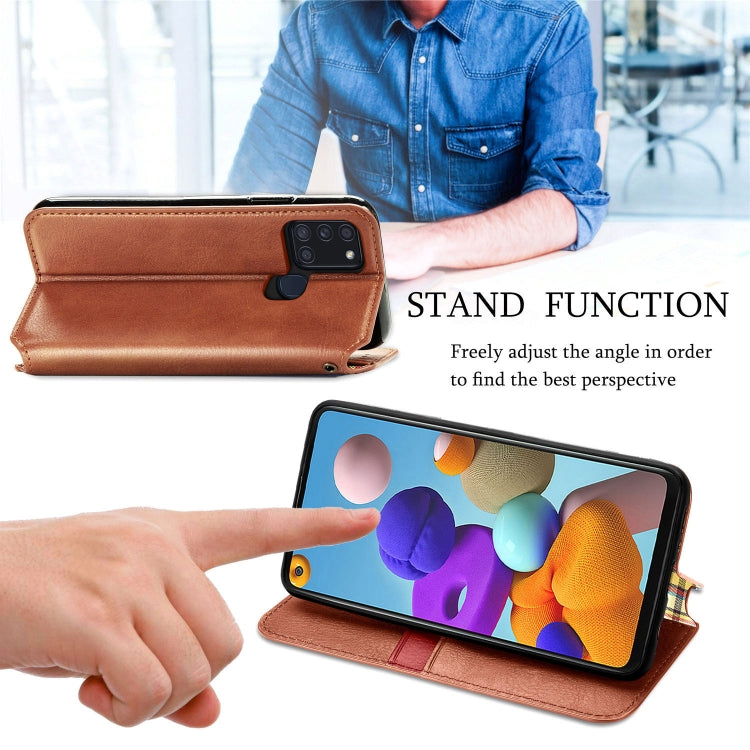 For Samsung Galaxy A21s Cubic Grid Pressed Horizontal Flip Magnetic PU Leather Case with Holder & Card Slots & Wallet
