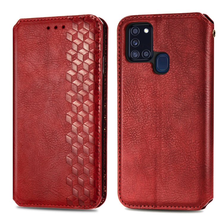 For Samsung Galaxy A21s Cubic Grid Pressed Horizontal Flip Magnetic PU Leather Case with Holder & Card Slots & Wallet