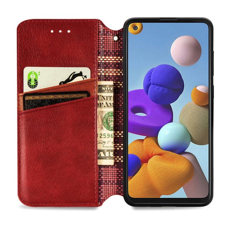 For Samsung Galaxy A21s Cubic Grid Pressed Horizontal Flip Magnetic PU Leather Case with Holder & Card Slots & Wallet