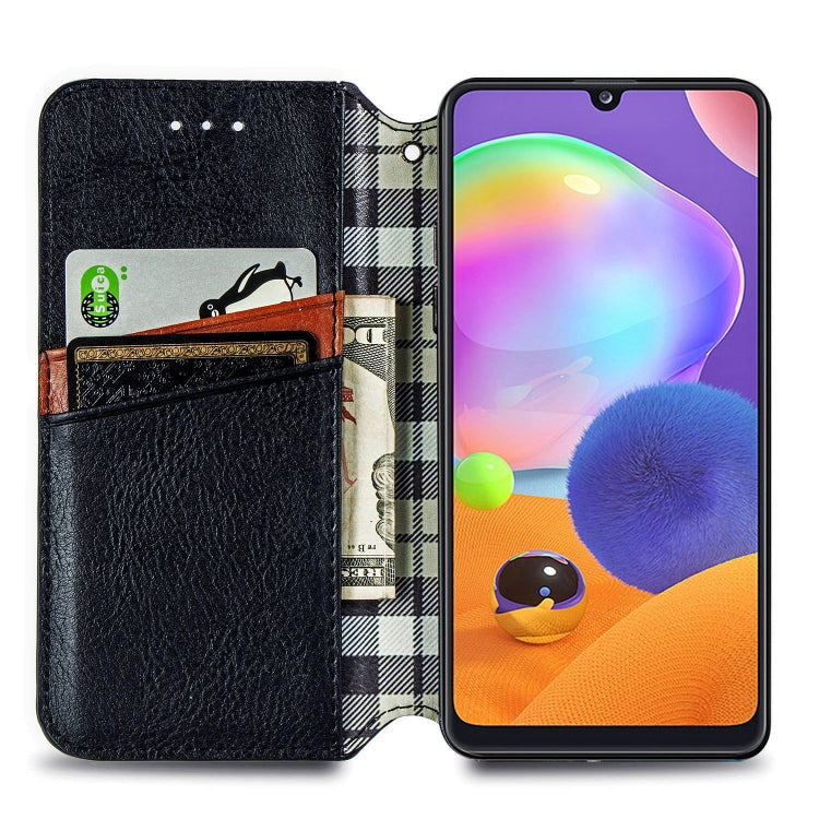 For Samsung Galaxy A31 Cubic Grid Pressed Horizontal Flip Magnetic PU Leather Case with Holder & Card Slots & Wallet