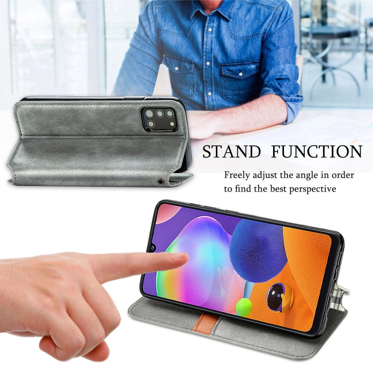 For Samsung Galaxy A31 Cubic Grid Pressed Horizontal Flip Magnetic PU Leather Case with Holder & Card Slots & Wallet