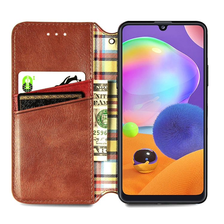 For Samsung Galaxy A31 Cubic Grid Pressed Horizontal Flip Magnetic PU Leather Case with Holder & Card Slots & Wallet