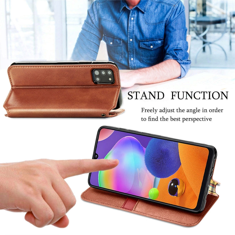 For Samsung Galaxy A31 Cubic Grid Pressed Horizontal Flip Magnetic PU Leather Case with Holder & Card Slots & Wallet
