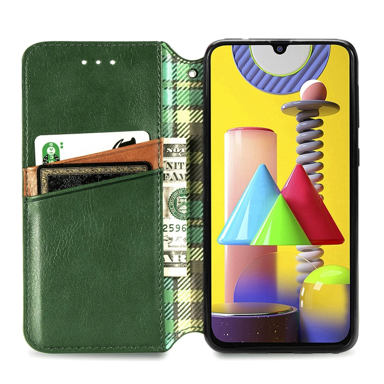 For Samsung Galaxy M31 Cubic Grid Pressed Horizontal Flip Magnetic PU Leather Case with Holder & Card Slots & Wallet