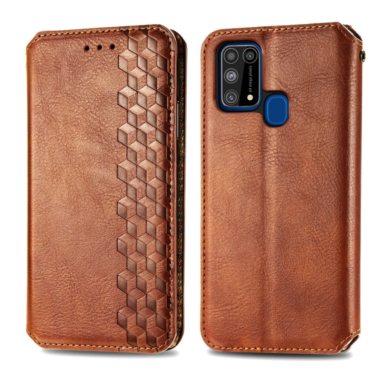 For Samsung Galaxy M31 Cubic Grid Pressed Horizontal Flip Magnetic PU Leather Case with Holder & Card Slots & Wallet