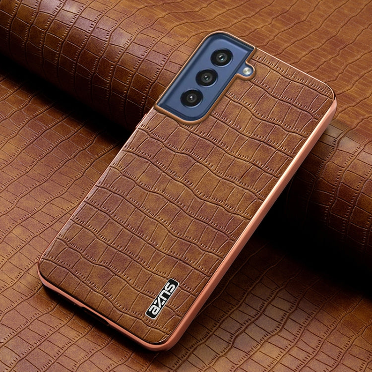 For Samsung Galaxy S21 FE 5G AZNS Electroplated Frame Crocodile Texture Full Coverage Phone Case