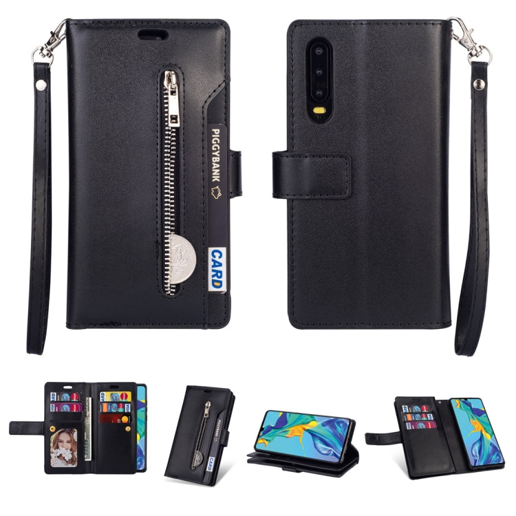 For Huawei P30 Multifunctional Zipper Horizontal Flip Leather Case with Holder & Wallet & 9 Card Slots & Lanyard