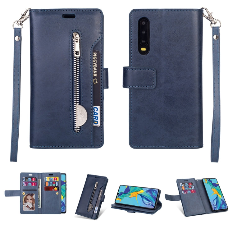 For Huawei P30 Multifunctional Zipper Horizontal Flip Leather Case with Holder & Wallet & 9 Card Slots & Lanyard