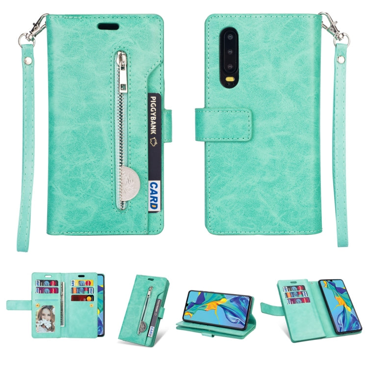 For Huawei P30 Multifunctional Zipper Horizontal Flip Leather Case with Holder & Wallet & 9 Card Slots & Lanyard
