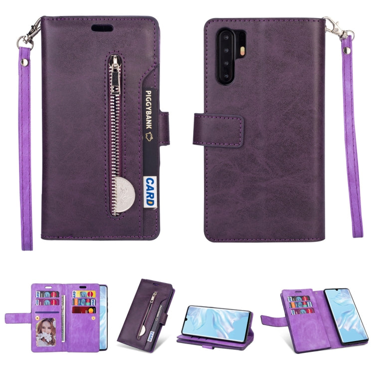 For Huawei P30 Pro Multifunctional Zipper Horizontal Flip Leather Case with Holder & Wallet & 9 Card Slots & Lanyard