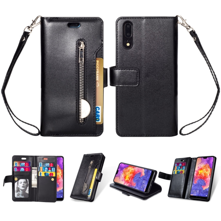 For Huawei P20 Multifunctional Zipper Horizontal Flip Leather Case with Holder & Wallet & 9 Card Slots & Lanyard