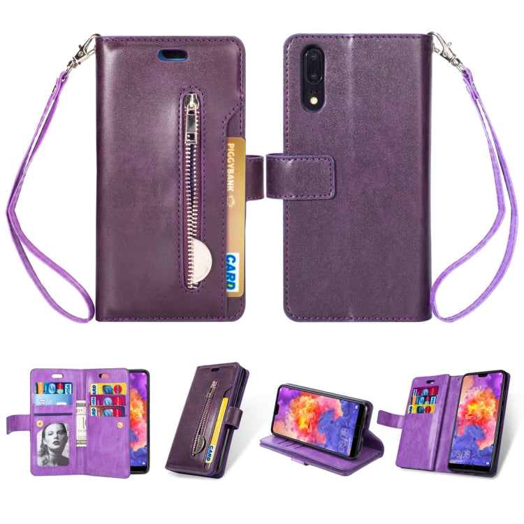 For Huawei P20 Multifunctional Zipper Horizontal Flip Leather Case with Holder & Wallet & 9 Card Slots & Lanyard