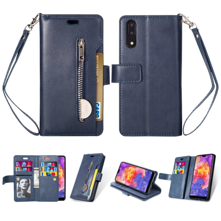 For Huawei P20 Multifunctional Zipper Horizontal Flip Leather Case with Holder & Wallet & 9 Card Slots & Lanyard