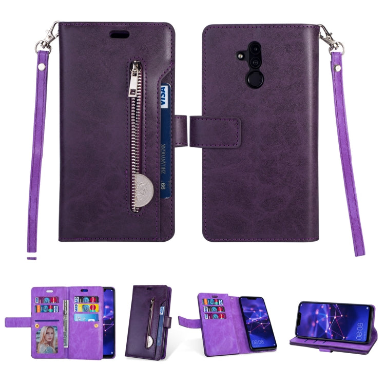 For Huawei Mate 20 lite Multifunctional Zipper Horizontal Flip Leather Case with Holder & Wallet & 9 Card Slots & Lanyard
