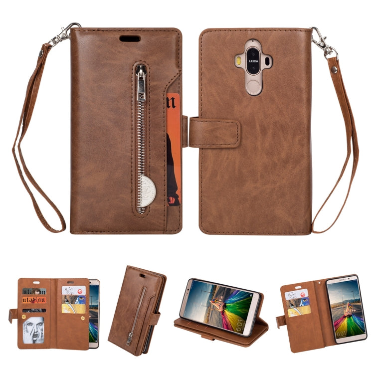 For Huawei Mate 9 Multifunctional Zipper Horizontal Flip Leather Case with Holder & Wallet & 9 Card Slots & Lanyard