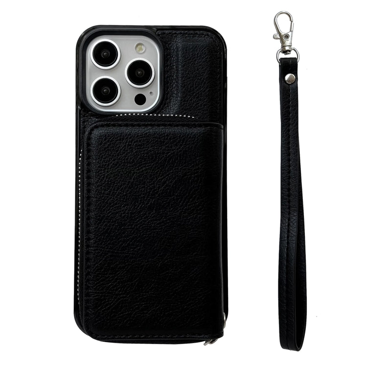 For iPhone 14 Pro Solid Color Zipper 11-Card Slots Bag Phone Case with Lanyard