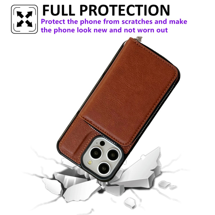 For iPhone 14 Pro Solid Color Zipper 11-Card Slots Bag Phone Case with Lanyard