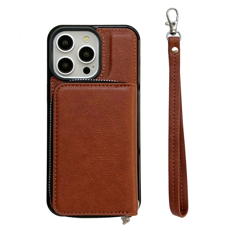For iPhone 14 Pro Max Solid Color Zipper 11-Card Slots Bag Phone Case with Lanyard