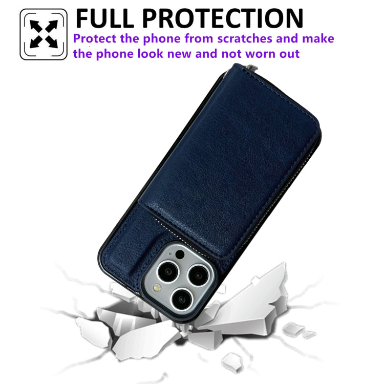 For iPhone 13 Pro Max Solid Color Zipper 11-Card Slots Bag Phone Case with Lanyard