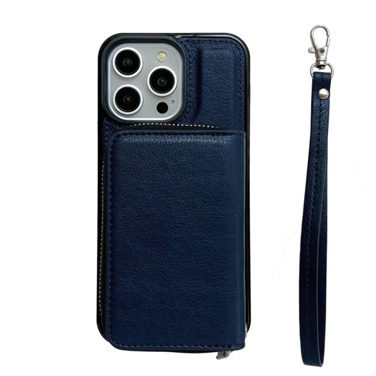 For iPhone 16 Pro Solid Color Zipper 11-Card Slots Bag Phone Case with Lanyard