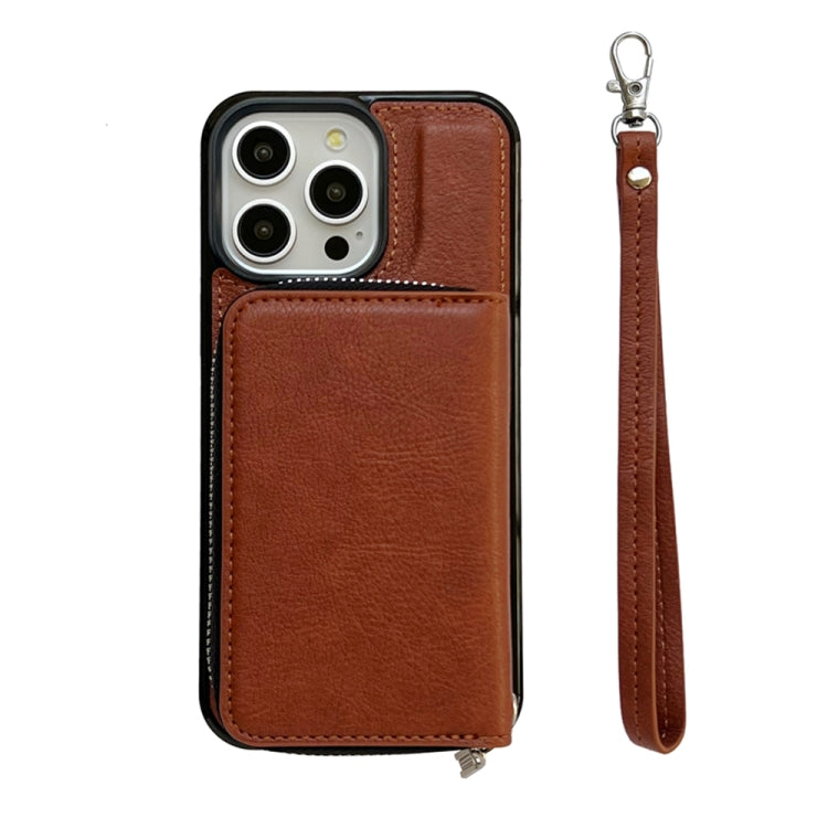 For iPhone 16 Pro Solid Color Zipper 11-Card Slots Bag Phone Case with Lanyard