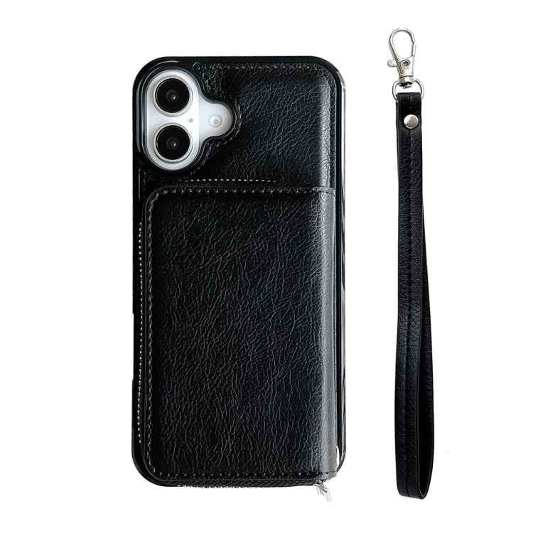 For iPhone 16 Plus Solid Color Zipper 11-Card Slots Bag Phone Case with Lanyard