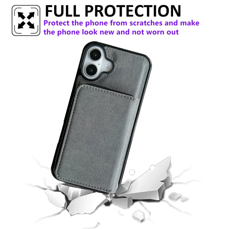 For iPhone 16 Plus Solid Color Zipper 11-Card Slots Bag Phone Case with Lanyard