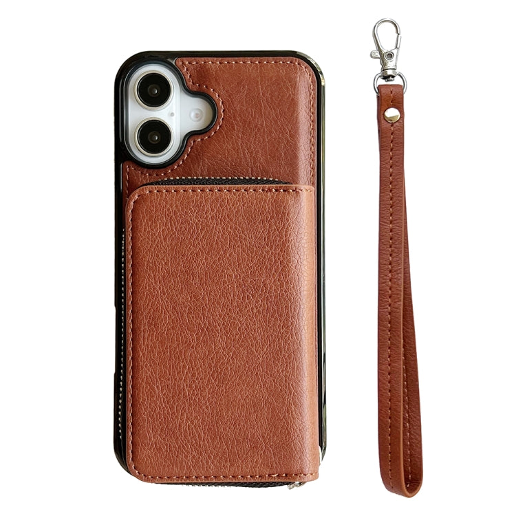 For iPhone 16 Plus Solid Color Zipper 11-Card Slots Bag Phone Case with Lanyard