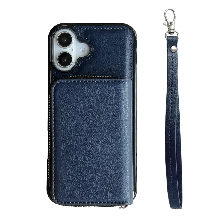 For iPhone 16 Solid Color Zipper 11-Card Slots Bag Phone Case with Lanyard