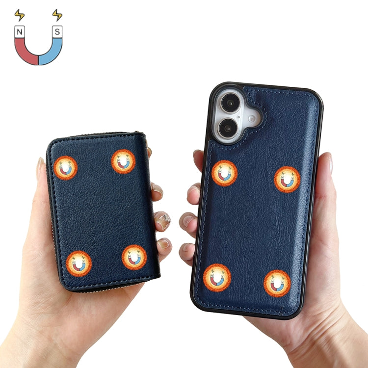 For iPhone 16 Solid Color Zipper 11-Card Slots Bag Phone Case with Lanyard