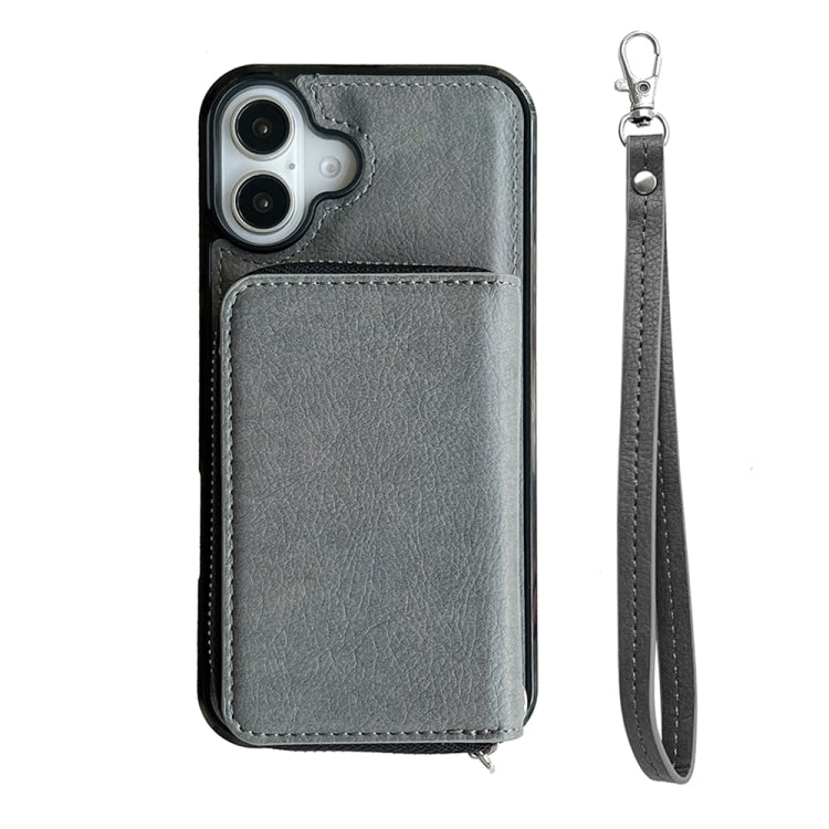 For iPhone 16 Solid Color Zipper 11-Card Slots Bag Phone Case with Lanyard